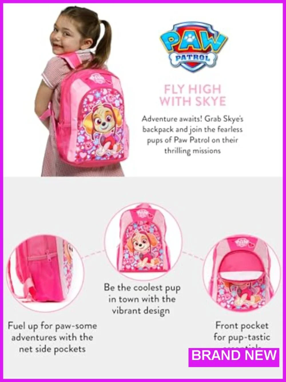 Paw Patrol Skye Kids Backpack with Adjustable Straps & Side Pockets